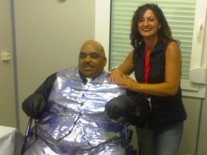 Back Stage bij Solomon Burke in de kleedkamer; heerlijk hoe Jacq "weer een klein meisje wordt"; Bluesfestival Peer 2008